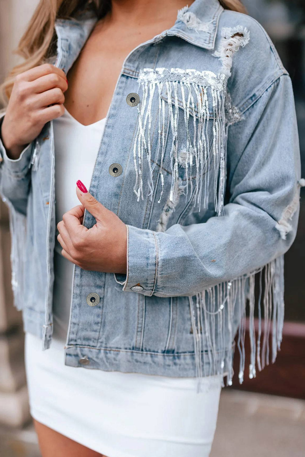 Neve Rhinestone Fringe Distressed Denim Jacket