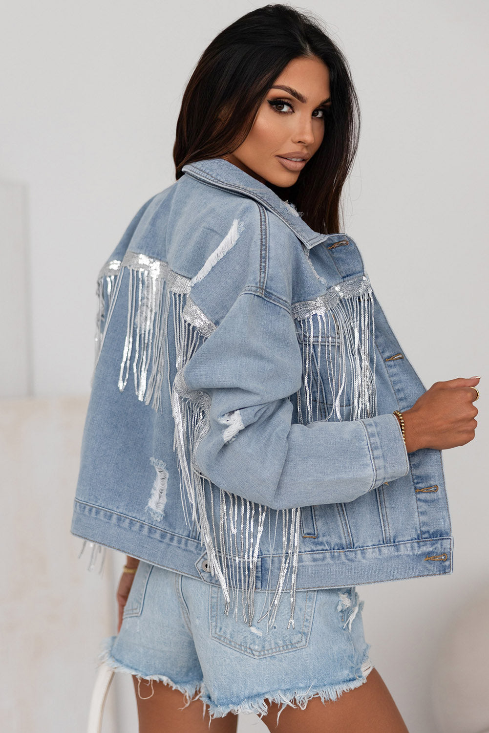 Neve Rhinestone Fringe Distressed Denim Jacket