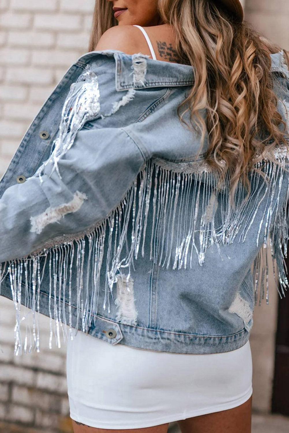 Neve Rhinestone Fringe Distressed Denim Jacket